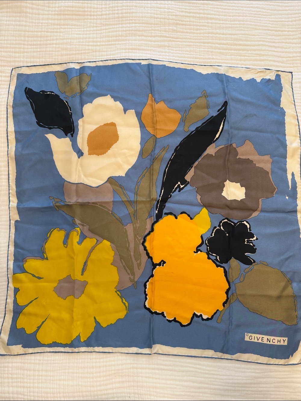 Givenchy Blue Floral Silk Scarf with Yellow and Cream Blooms FLAWS